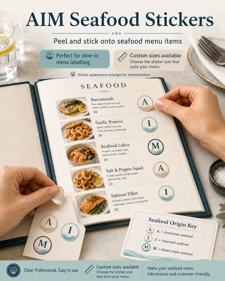 AIM seafood origin stickers (A, I, M) applied next to seafood dishes on a printed dine-in menu